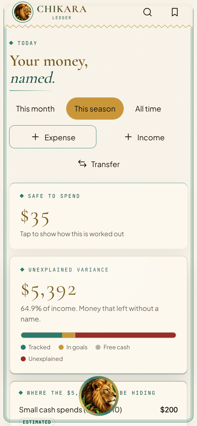 CHIKARA Ledger — safe-to-spend planning view